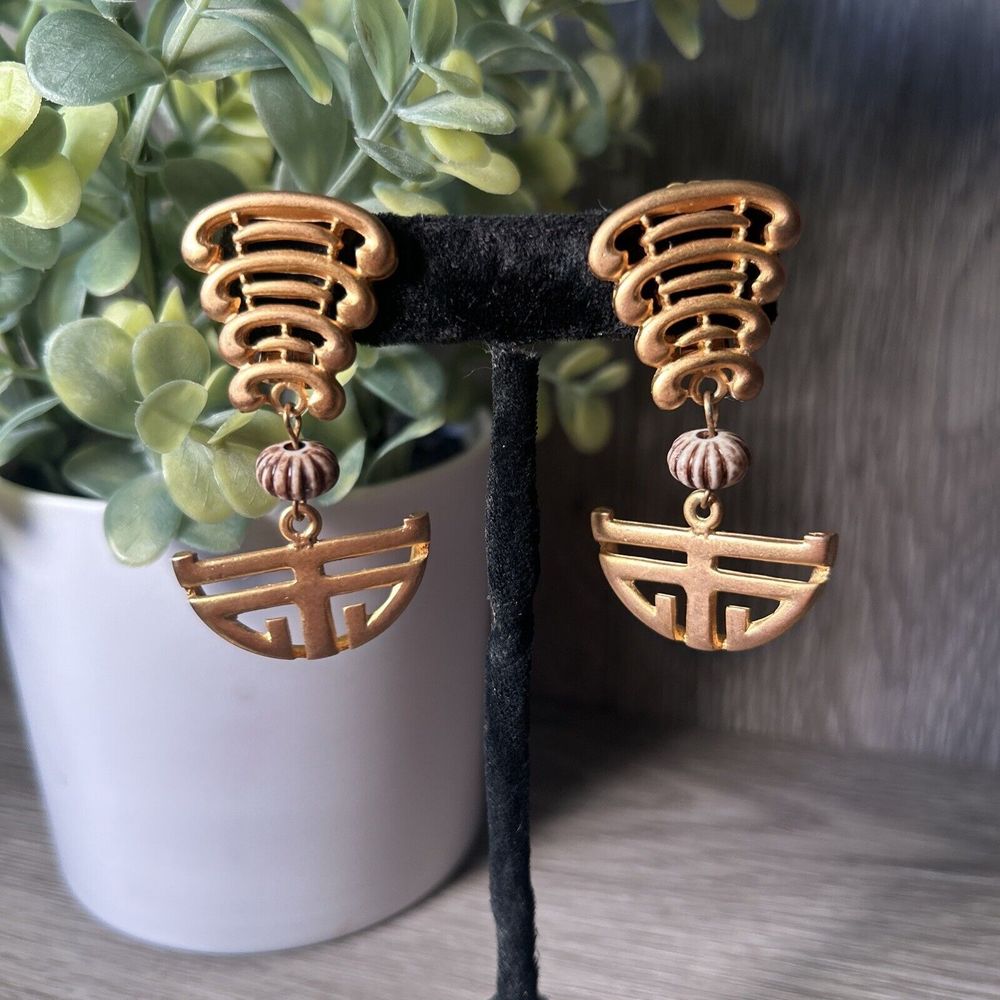 Aztec Style Clip on Dangle Matte Gold Earring 2" Long